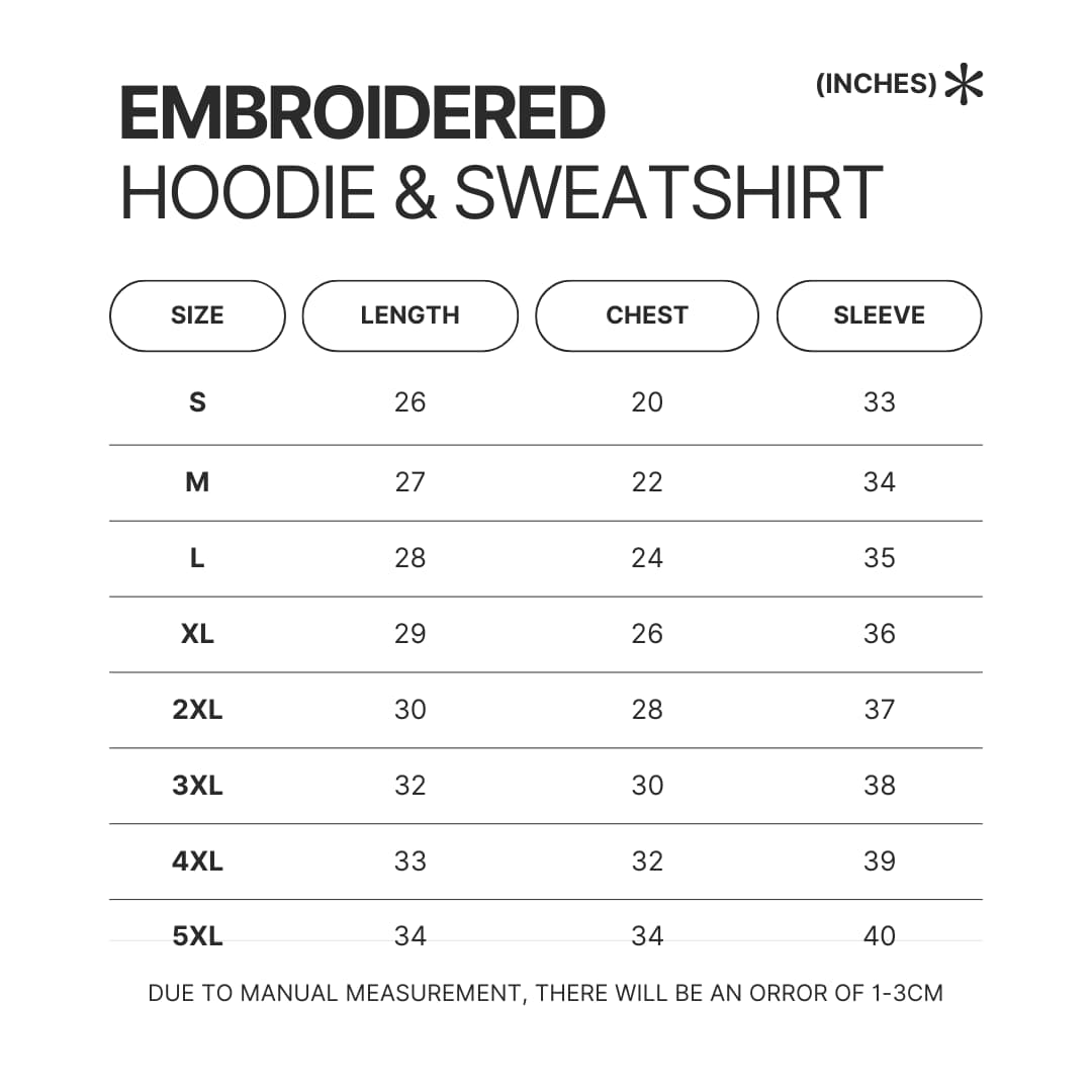 Embroidered Hoodie Sweatshirt Size Chart - French Bulldog Gifts Store